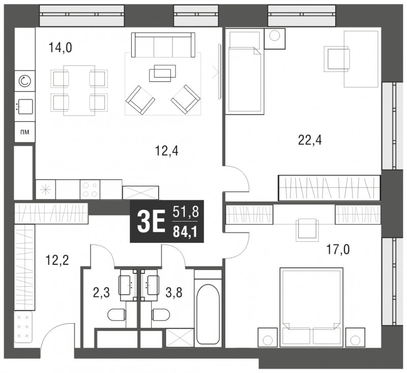 3-комнатная квартира (евро) с частичной отделкой, 84.1 м2, 16 этаж, сдача 2 квартал 2024 г., ЖК AFI Tower, корпус 1 - объявление 1930903 - фото №1