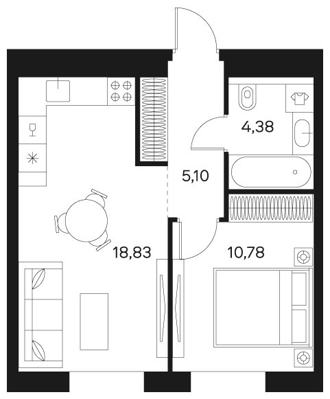 1-комнатная квартира без отделки, 39.09 м2, 8 этаж, сдача 4 квартал 2024 г., ЖК FØRST, корпус 1 - объявление 1942327 - фото №1