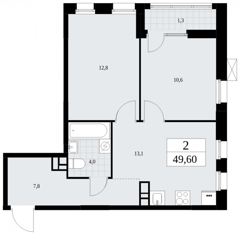 2-комнатная квартира без отделки, 49.6 м2, 6 этаж, сдача 1 квартал 2025 г., ЖК Дзен-кварталы, корпус 1.3 - объявление 1895851 - фото №1