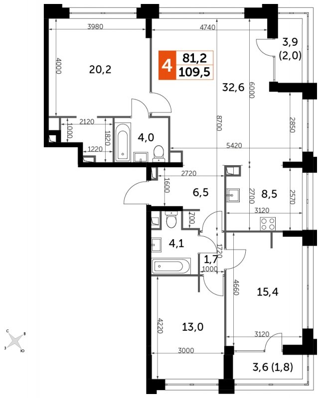 4-комнатная квартира с частичной отделкой, 109.5 м2, 25 этаж, сдача 1 квартал 2023 г., ЖК Sydney City, корпус 1 - объявление 1710108 - фото №1