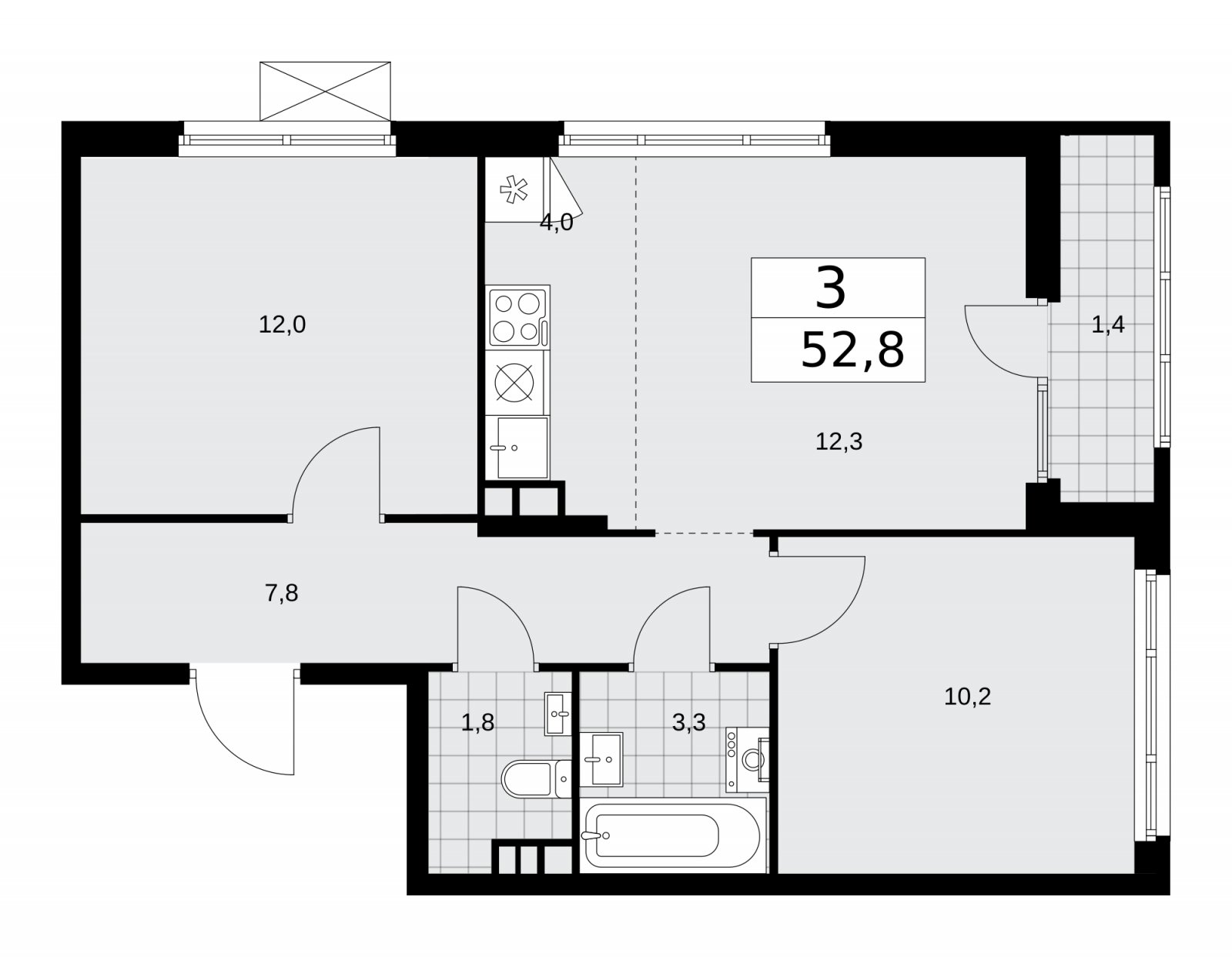 3-комнатная квартира (евро) без отделки, 52.8 м2, 14 этаж, сдача 1 квартал 2026 г., ЖК Деснаречье, корпус 4.1 - объявление 2263506 - фото №1