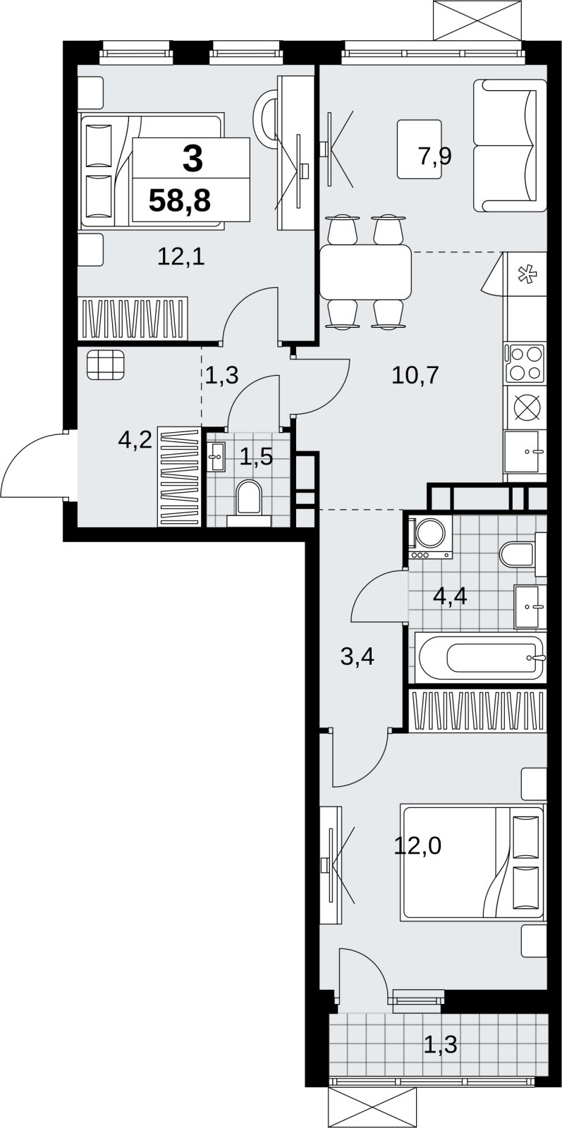 3-комнатная квартира (евро) без отделки, 58.8 м2, 11 этаж, сдача 4 квартал 2026 г., ЖК Скандинавия, корпус 2.18.2.5 - объявление 2351636 - фото №1