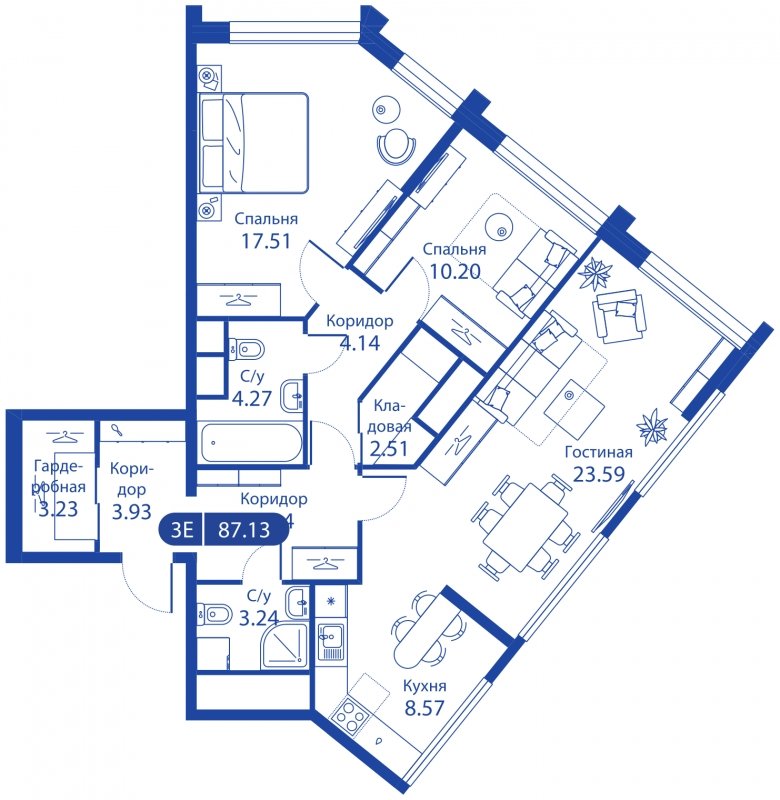 3-комнатная квартира без отделки, 83.54 м2, 22 этаж, сдача 4 квартал 2023 г., ЖК iLove, корпус 3 - объявление 1774553 - фото №1