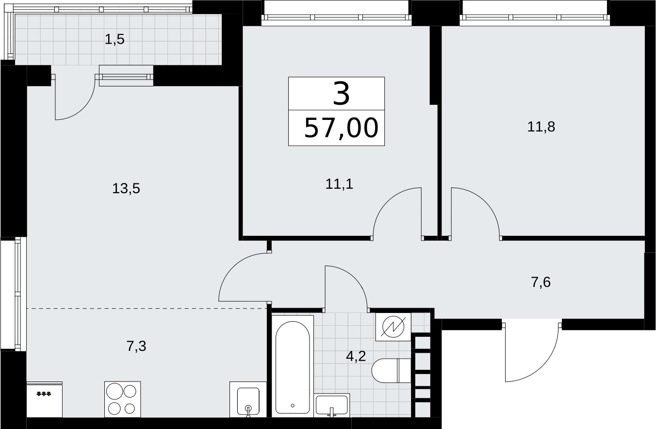 3-комнатная квартира (евро) с полной отделкой, 57 м2, 6 этаж, сдача 4 квартал 2026 г., ЖК Родные кварталы, корпус 3.3 - объявление 2378474 - фото №1