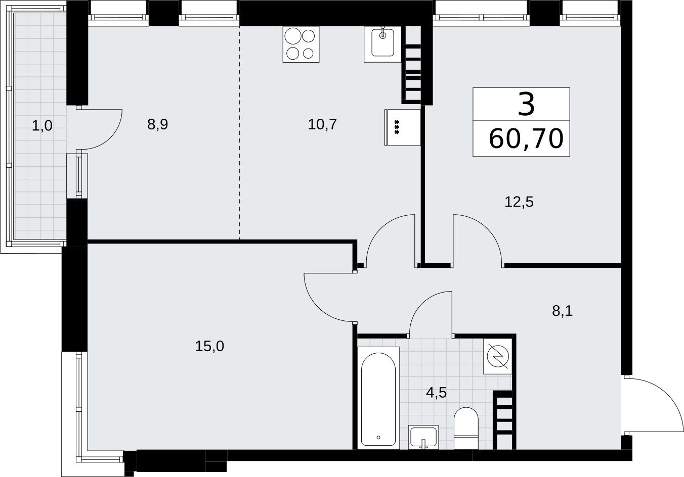 3-комнатная квартира (евро) без отделки, 60.7 м2, 4 этаж, сдача 3 квартал 2026 г., ЖК Родные кварталы, корпус 3.4 - объявление 2378660 - фото №1