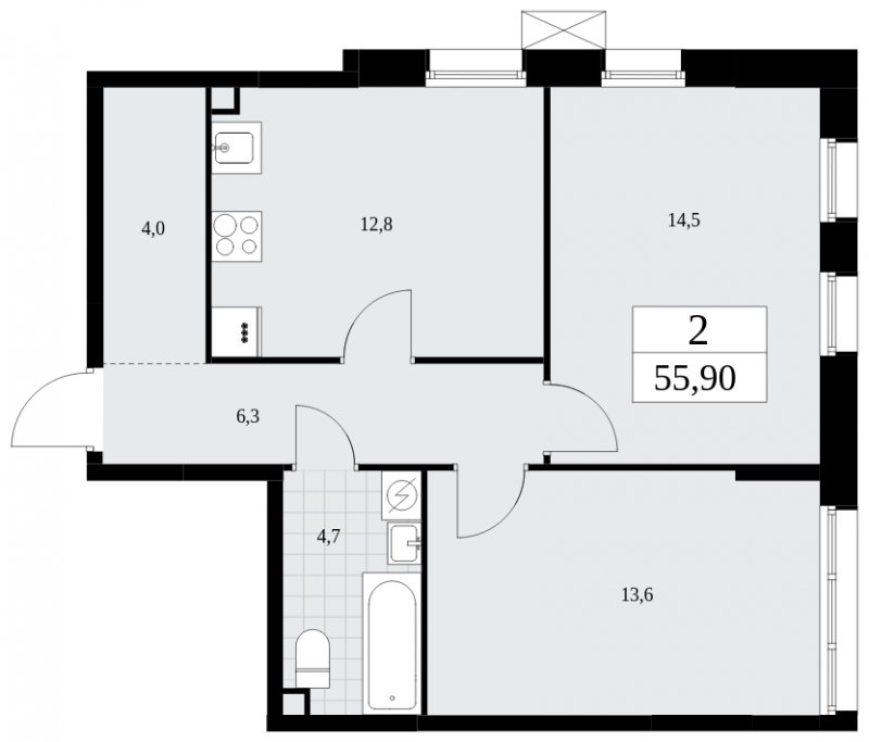 2-комнатная квартира без отделки, 55.9 м2, 2 этаж, сдача 1 квартал 2025 г., ЖК Дзен-кварталы, корпус 1.3 - объявление 1895811 - фото №1