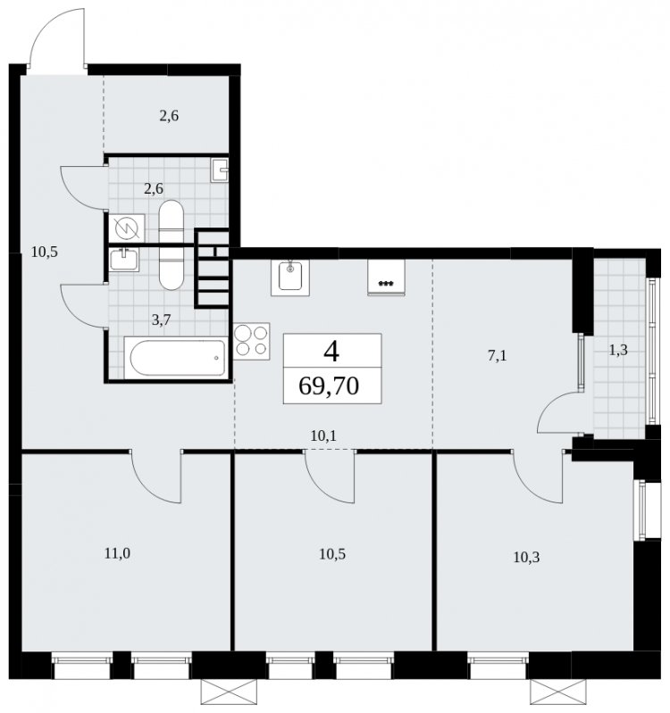 4-комнатная квартира (евро) с частичной отделкой, 69.7 м2, 4 этаж, сдача 3 квартал 2025 г., ЖК Дзен-кварталы, корпус 2.1 - объявление 1932160 - фото №1