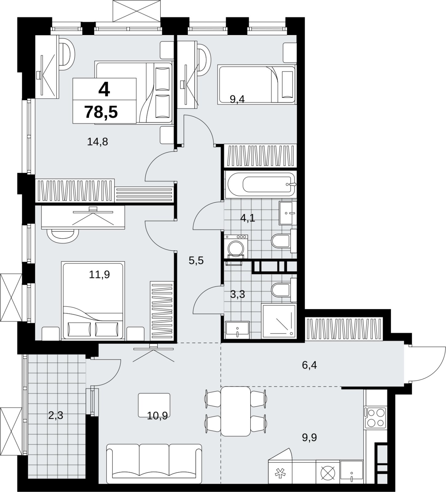 4-комнатная квартира (евро) без отделки, 78.5 м2, 16 этаж, сдача 4 квартал 2026 г., ЖК Скандинавия, корпус 2.18.2.6 - объявление 2351843 - фото №1