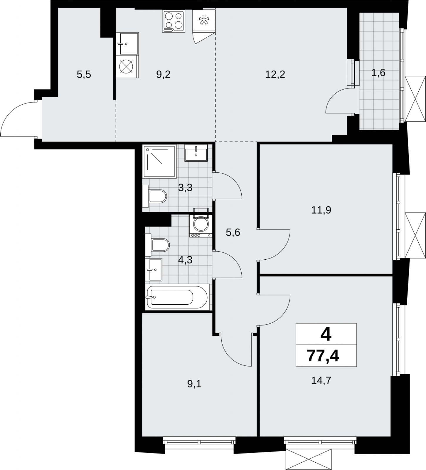 4-комнатная квартира (евро) без отделки, 77.4 м2, 3 этаж, сдача 1 квартал 2026 г., ЖК Дзен-кварталы, корпус 6.2.2 - объявление 2328633 - фото №1