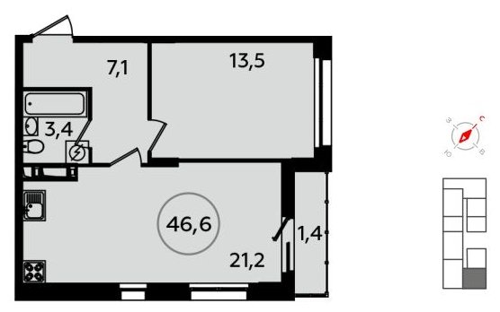 1-комнатная квартира без отделки, 46.6 м2, 7 этаж, сдача 1 квартал 2022 г., ЖК Скандинавия, корпус 13.4 - объявление 1412560 - фото №1