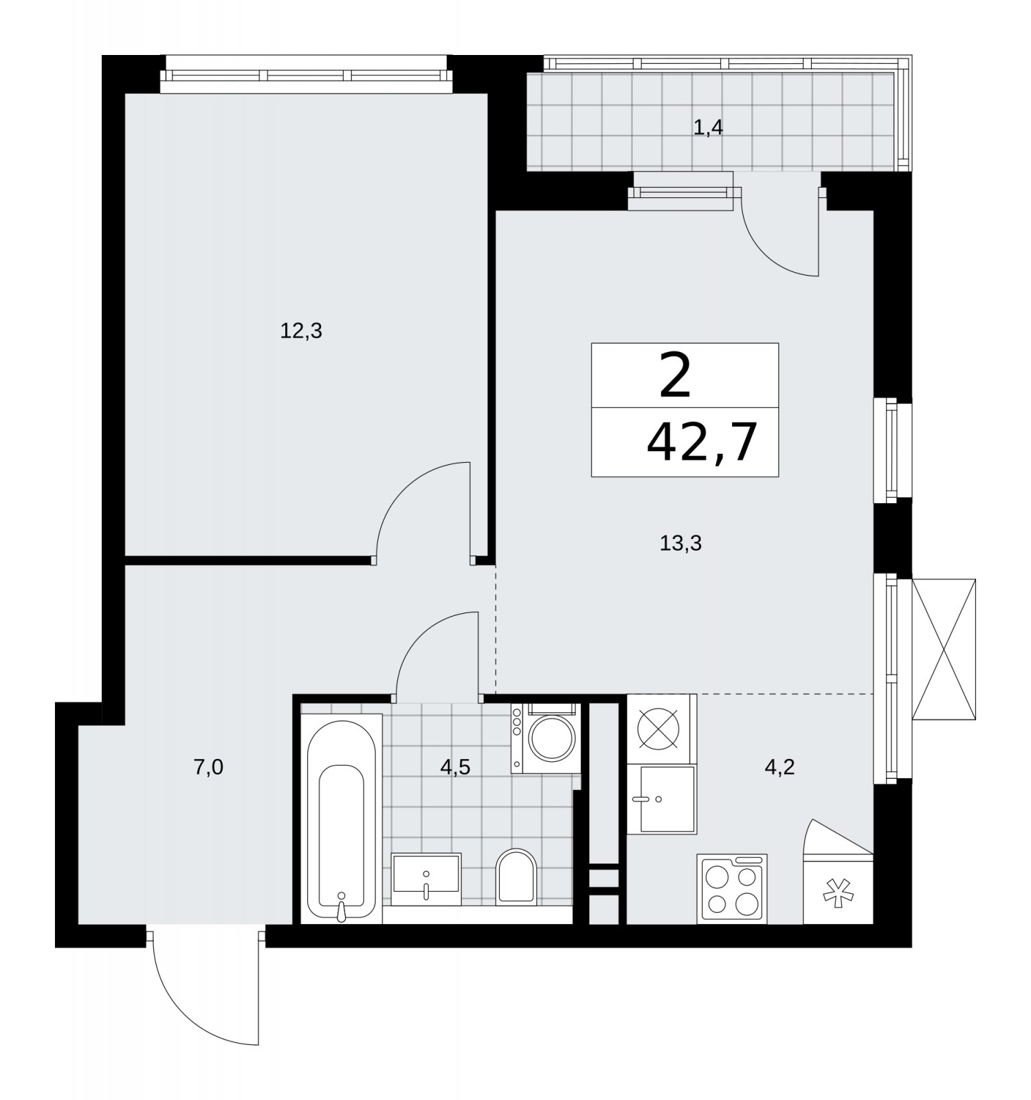 2-комнатная квартира (евро) с частичной отделкой, 42.7 м2, 8 этаж, сдача 2 квартал 2026 г., ЖК Прокшино, корпус 11.2.3 - объявление 2270598 - фото №1