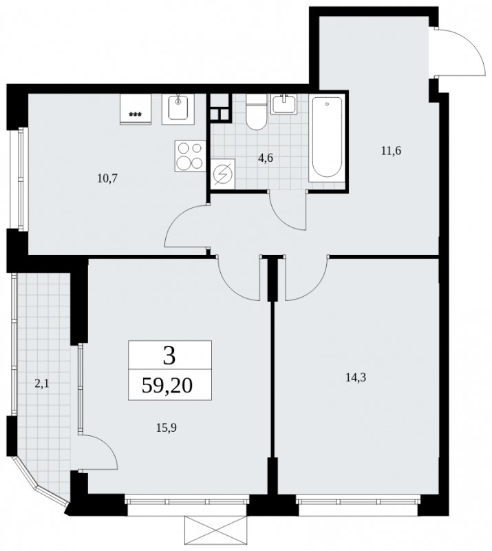 2-комнатная квартира с частичной отделкой, 59.2 м2, 3 этаж, сдача 1 квартал 2025 г., ЖК Бунинские кварталы, корпус 2.2 - объявление 1882350 - фото №1