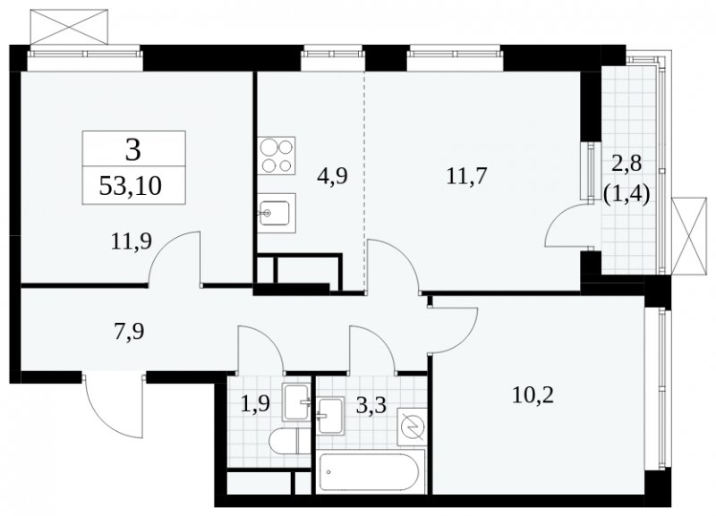 3-комнатная квартира (евро) без отделки, 53.1 м2, 16 этаж, сдача 1 квартал 2025 г., ЖК Прокшино, корпус 5.1.3 - объявление 1810940 - фото №1