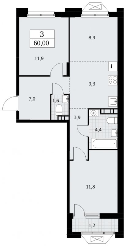 3-комнатная квартира (евро) без отделки, 60 м2, 5 этаж, сдача 1 квартал 2025 г., ЖК Бунинские кварталы, корпус 1.3 - объявление 1834643 - фото №1
