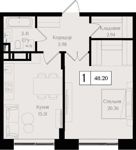 1-комнатная квартира без отделки, 46.33 м2, 3 этаж, сдача 3 квартал 2025 г., ЖК Преображенская площадь, корпус 3 - объявление 2266125 - фото №1