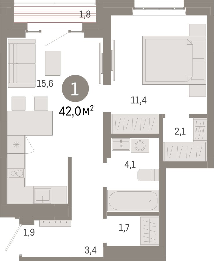 1-комнатная квартира с частичной отделкой, 42 м2, 11 этаж, сдача 3 квартал 2026 г., ЖК Квартал Метроном, корпус 1 - объявление 2302501 - фото №1