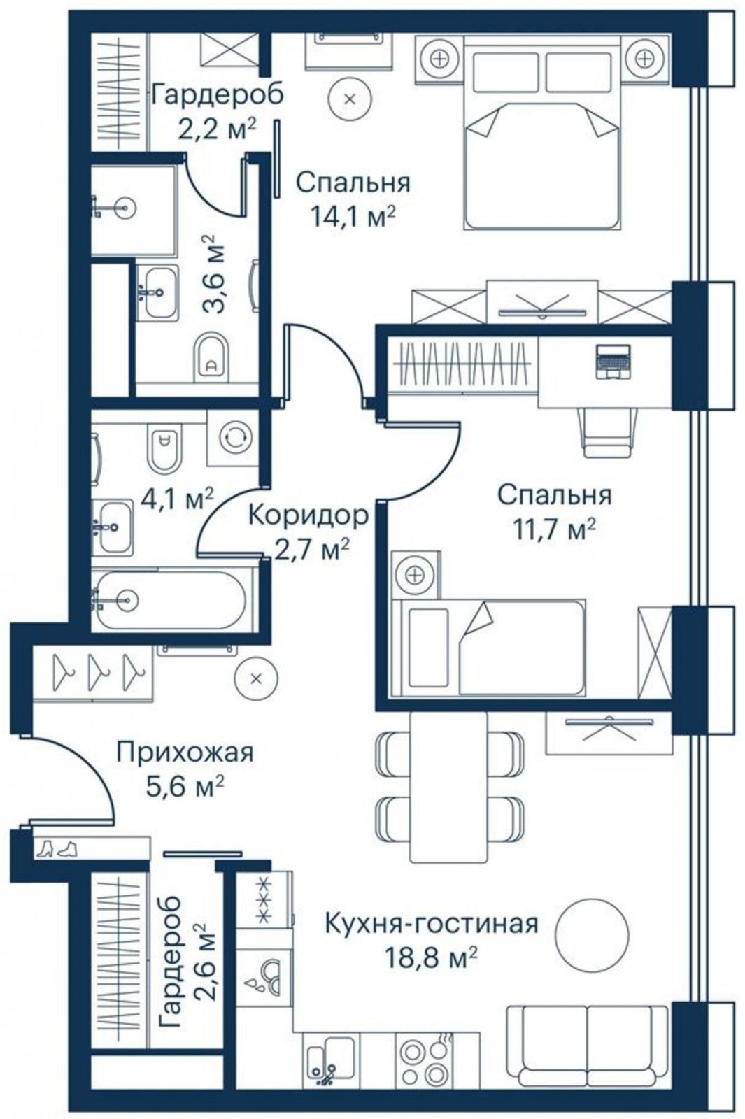 2-комнатная квартира с частичной отделкой, 65.4 м2, 3 этаж, сдача 2 квартал 2023 г., ЖК City Bay, корпус Indian Ocean 3.1 - объявление 2209120 - фото №1