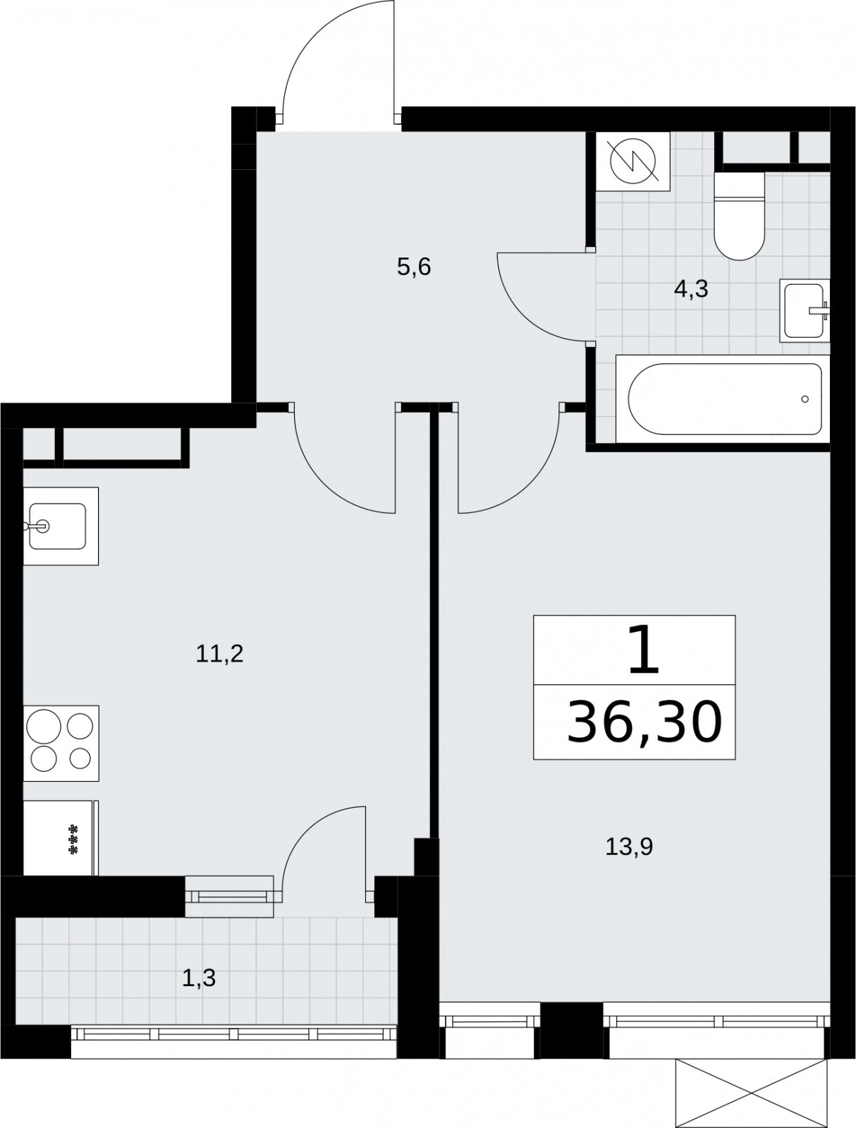 1-комнатная квартира без отделки, 36.3 м2, 3 этаж, сдача 3 квартал 2026 г., ЖК Родные кварталы, корпус 2 - объявление 2295325 - фото №1