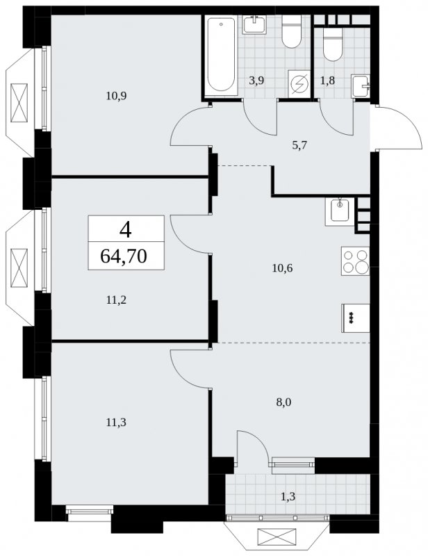 4-комнатная квартира (евро) с полной отделкой, 64.7 м2, 7 этаж, сдача 2 квартал 2025 г., ЖК Бунинские кварталы, корпус 1.2 - объявление 1834422 - фото №1