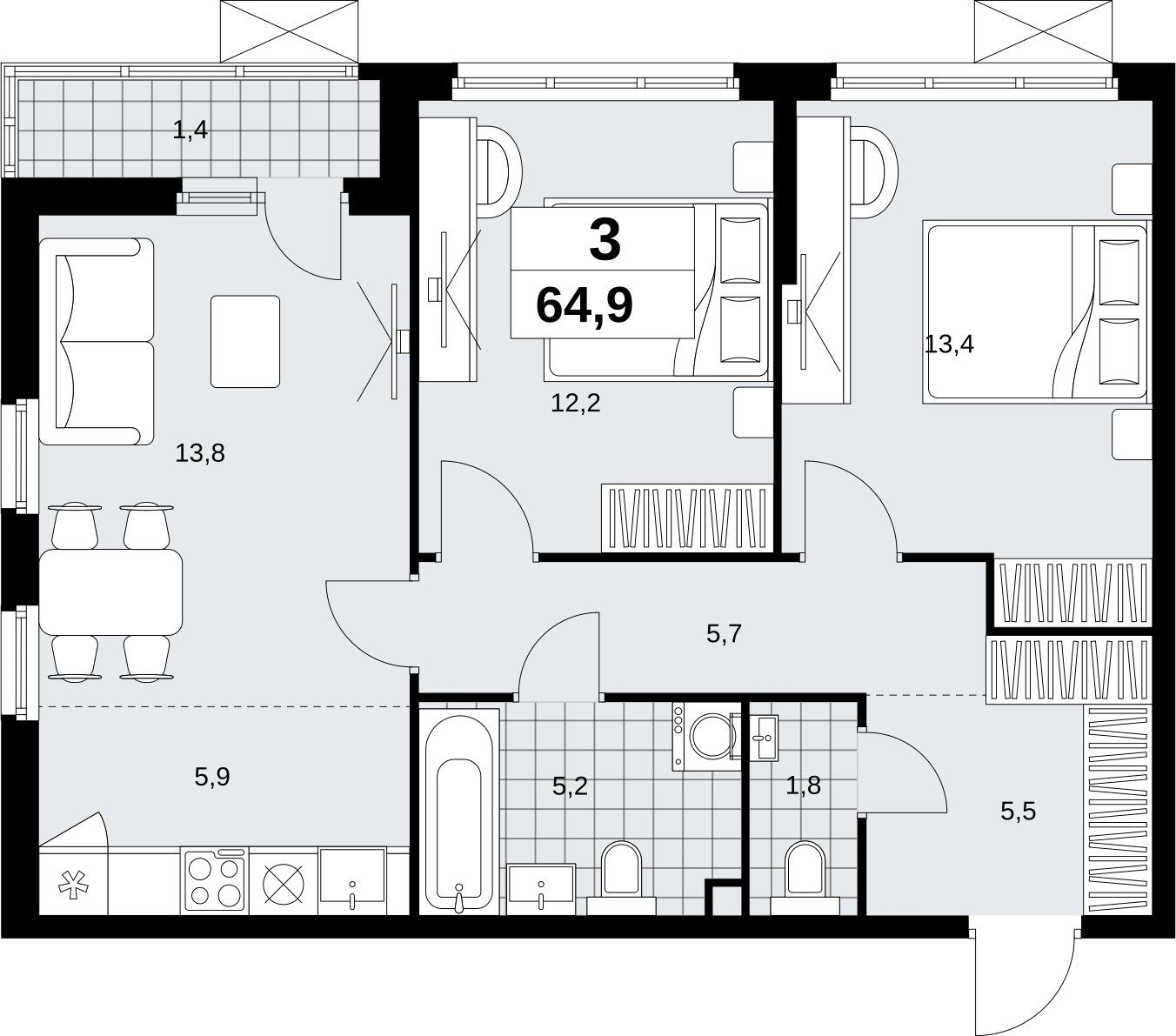 3-комнатная квартира (евро) с полной отделкой, 64.9 м2, 2 этаж, сдача 1 квартал 2027 г., ЖК Скандинавия, корпус 2.18.2.1 - объявление 2351043 - фото №1