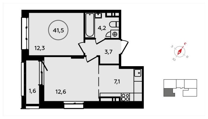 2-комнатная квартира (евро) без отделки, 41.5 м2, 12 этаж, сдача 3 квартал 2024 г., ЖК Скандинавия, корпус 2.22.2 - объявление 1625400 - фото №1