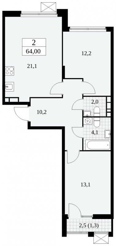 2-комнатная квартира без отделки, 64 м2, 6 этаж, сдача 4 квартал 2024 г., ЖК Скандинавия, корпус 2.27.3 - объявление 1840523 - фото №1