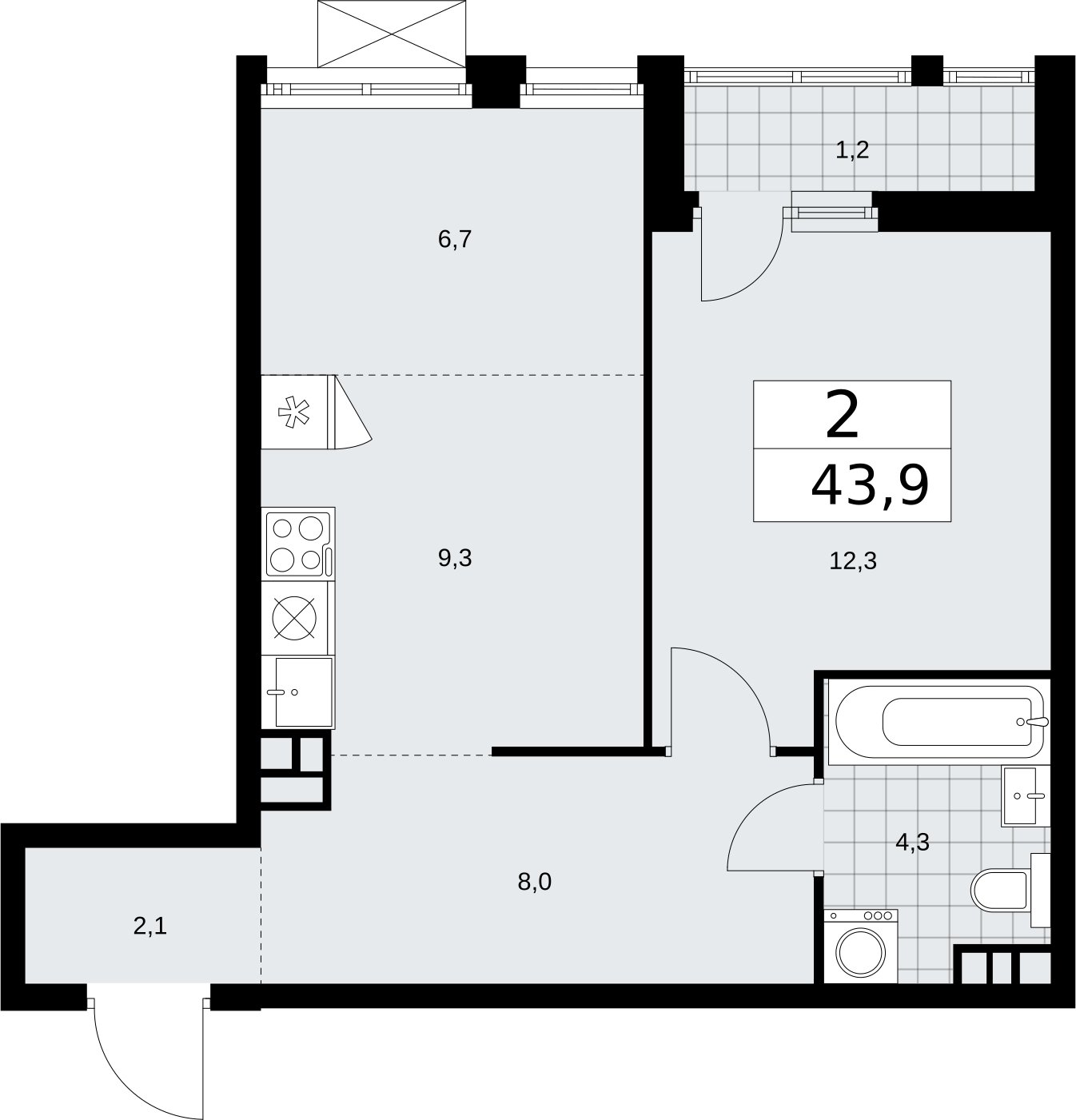 2-комнатная квартира (евро) с частичной отделкой, 43.9 м2, 6 этаж, сдача 2 квартал 2026 г., ЖК Бунинские кварталы, корпус 5.1 - объявление 2297019 - фото №1