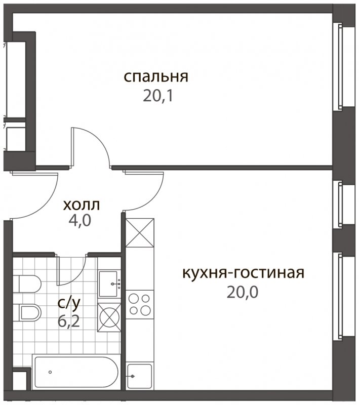 2-комнатная квартира (евро) без отделки, 50.3 м2, 2 этаж, дом сдан, ЖК HomeCity, корпус 3 - объявление 1599743 - фото №1