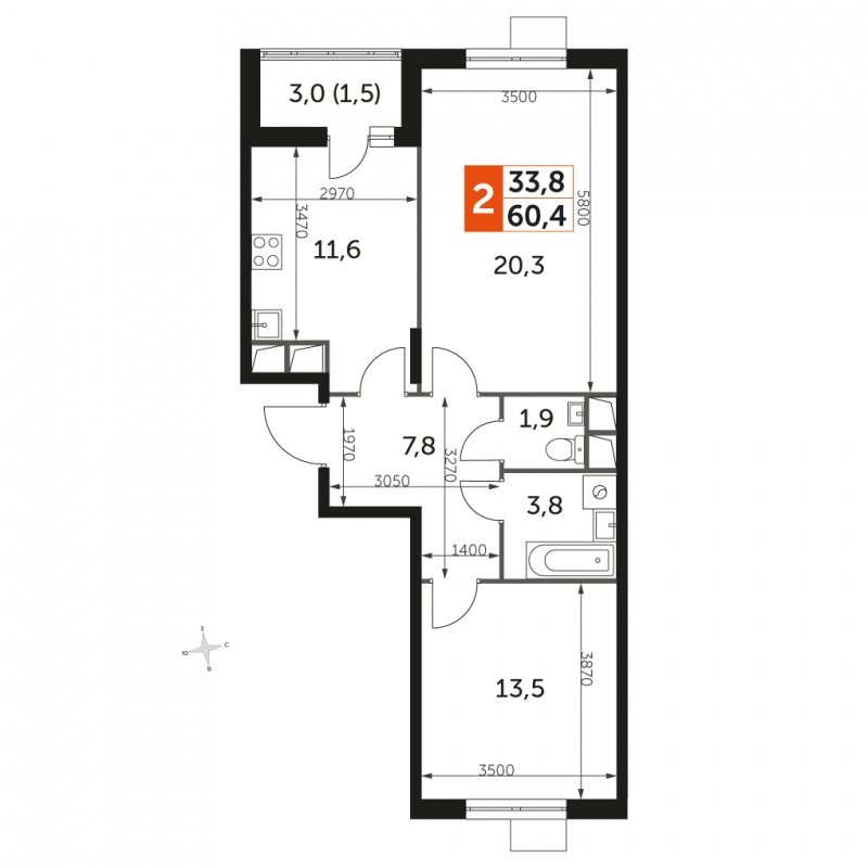 2-комнатная квартира с частичной отделкой, 60.4 м2, 5 этаж, сдача 3 квартал 2023 г., ЖК UP-квартал Римский, корпус 7 - объявление 1662056 - фото №1