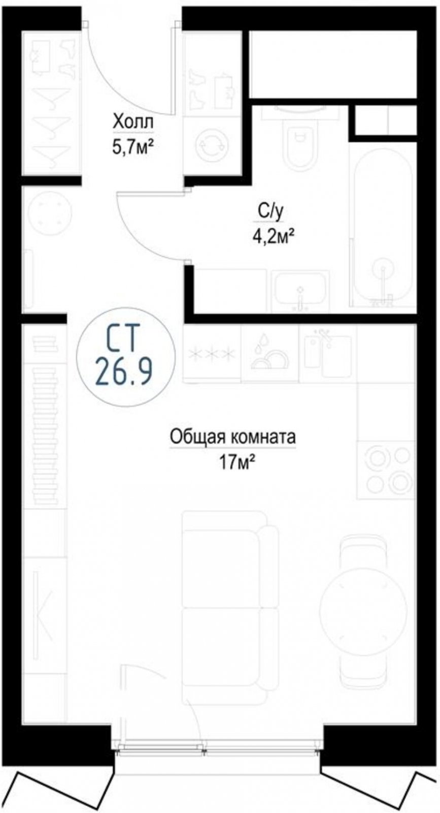 Студия с частичной отделкой, 26.9 м2, 11 этаж, сдача 3 квартал 2024 г., ЖК Метрополия, корпус Vladivostok - объявление 2255492 - фото №1