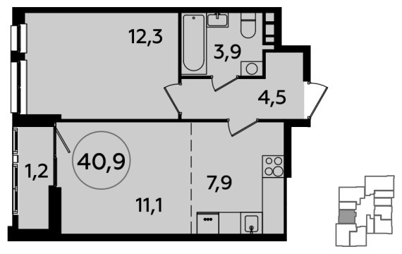 2-комнатная квартира (евро) без отделки, 40.9 м2, 19 этаж, сдача 1 квартал 2024 г., ЖК Южные сады, корпус 1.3 - объявление 1512398 - фото №1
