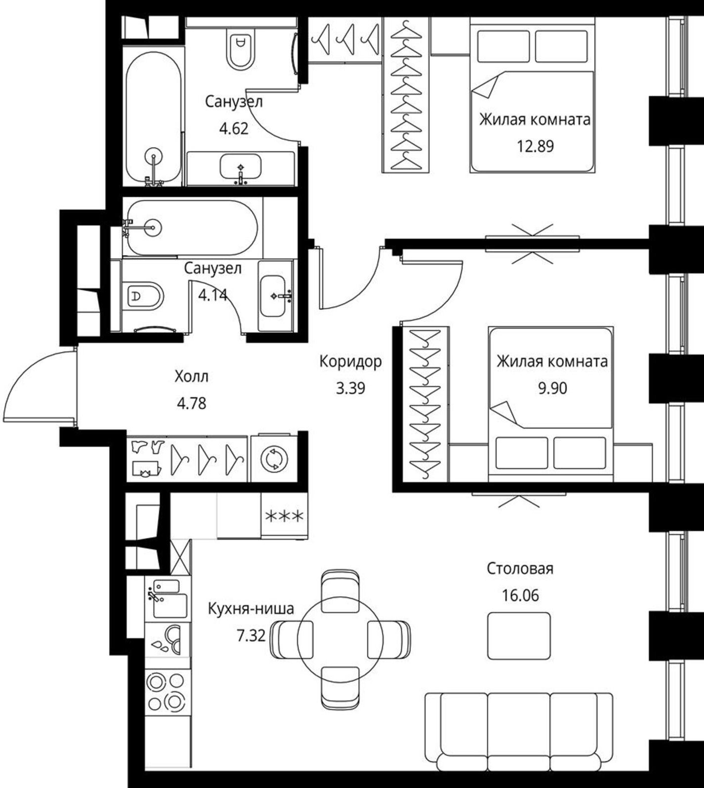 2-комнатная квартира с частичной отделкой, 63.1 м2, 15 этаж, сдача 3 квартал 2026 г., ЖК City Bay, корпус North Ocean 2 - объявление 2240546 - фото №1