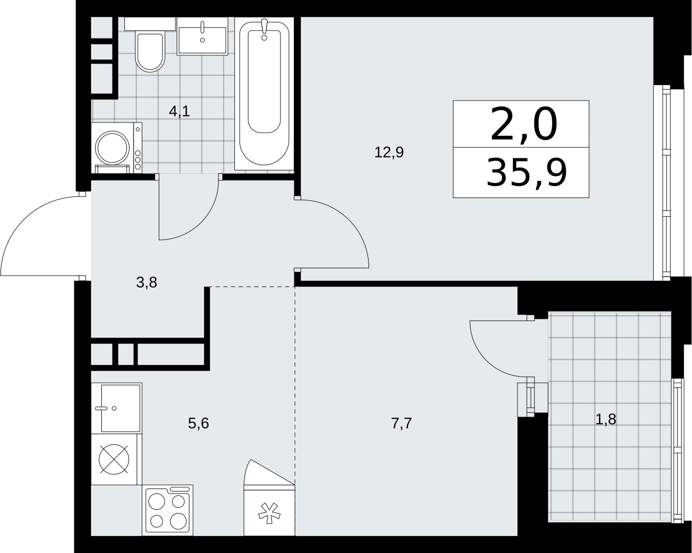 2-комнатная квартира (евро) с частичной отделкой, 35.9 м2, 8 этаж, сдача 2 квартал 2026 г., ЖК Дзен-кварталы, корпус 3.3 - объявление 2400276 - фото №1