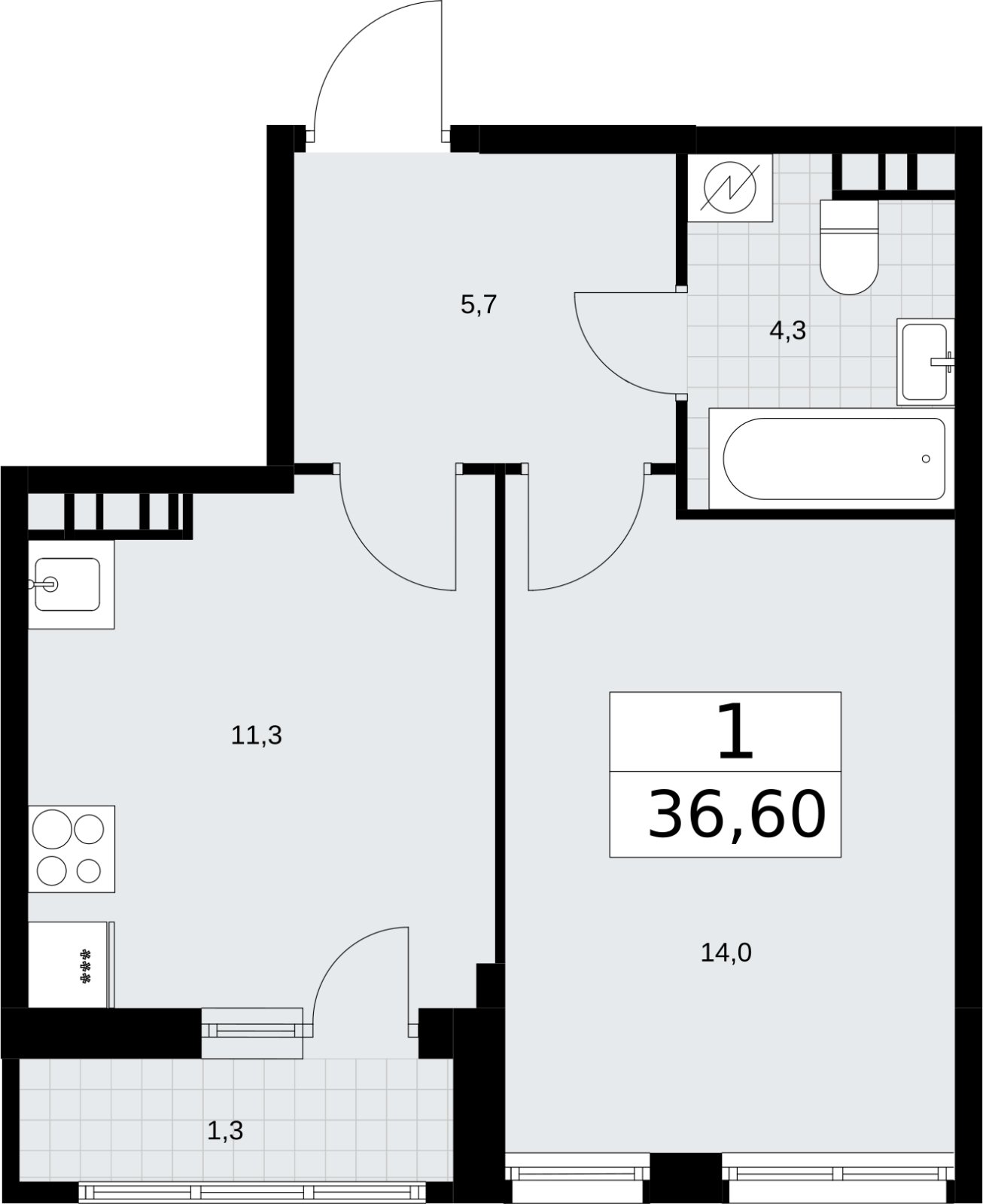 1-комнатная квартира с полной отделкой, 36.6 м2, 7 этаж, сдача 4 квартал 2026 г., ЖК Родные кварталы, корпус 3.3 - объявление 2378521 - фото №1