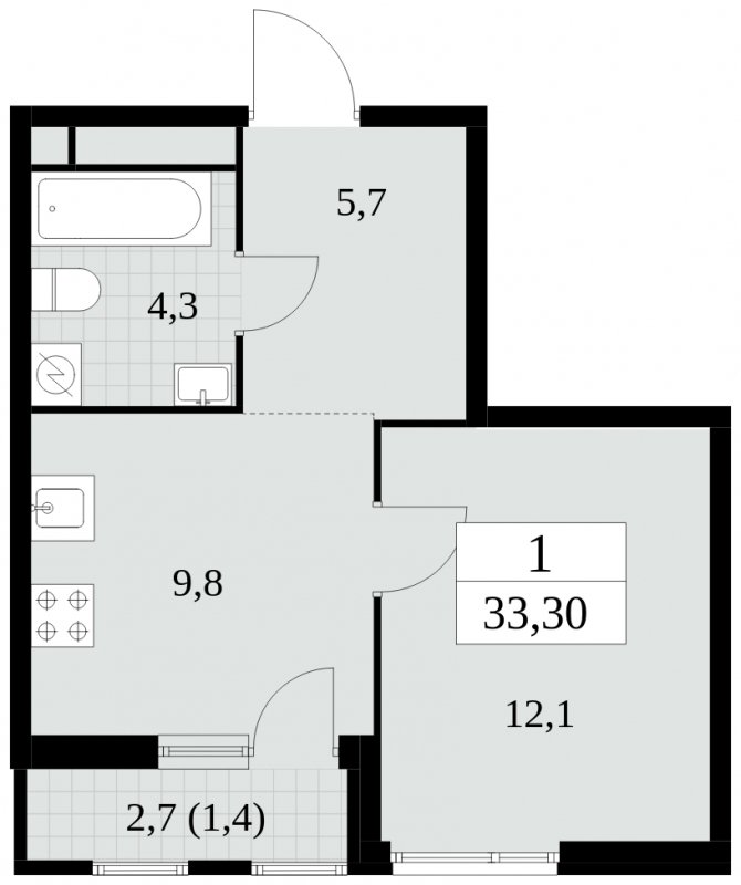 1-комнатная квартира без отделки, 33.3 м2, 7 этаж, сдача 2 квартал 2025 г., ЖК Южные сады, корпус 2.4 - объявление 1760207 - фото №1