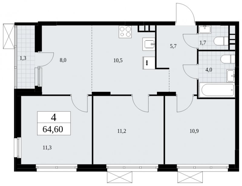 4-комнатная квартира (евро) без отделки, 64.6 м2, 3 этаж, сдача 4 квартал 2024 г., ЖК Скандинавия, корпус 35.2.1 - объявление 1840931 - фото №1