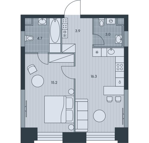 2-комнатная квартира (евро) без отделки, 43.1 м2, 26 этаж, сдача 3 квартал 2025 г., ЖК EVER, корпус 5 - объявление 2331744 - фото №1