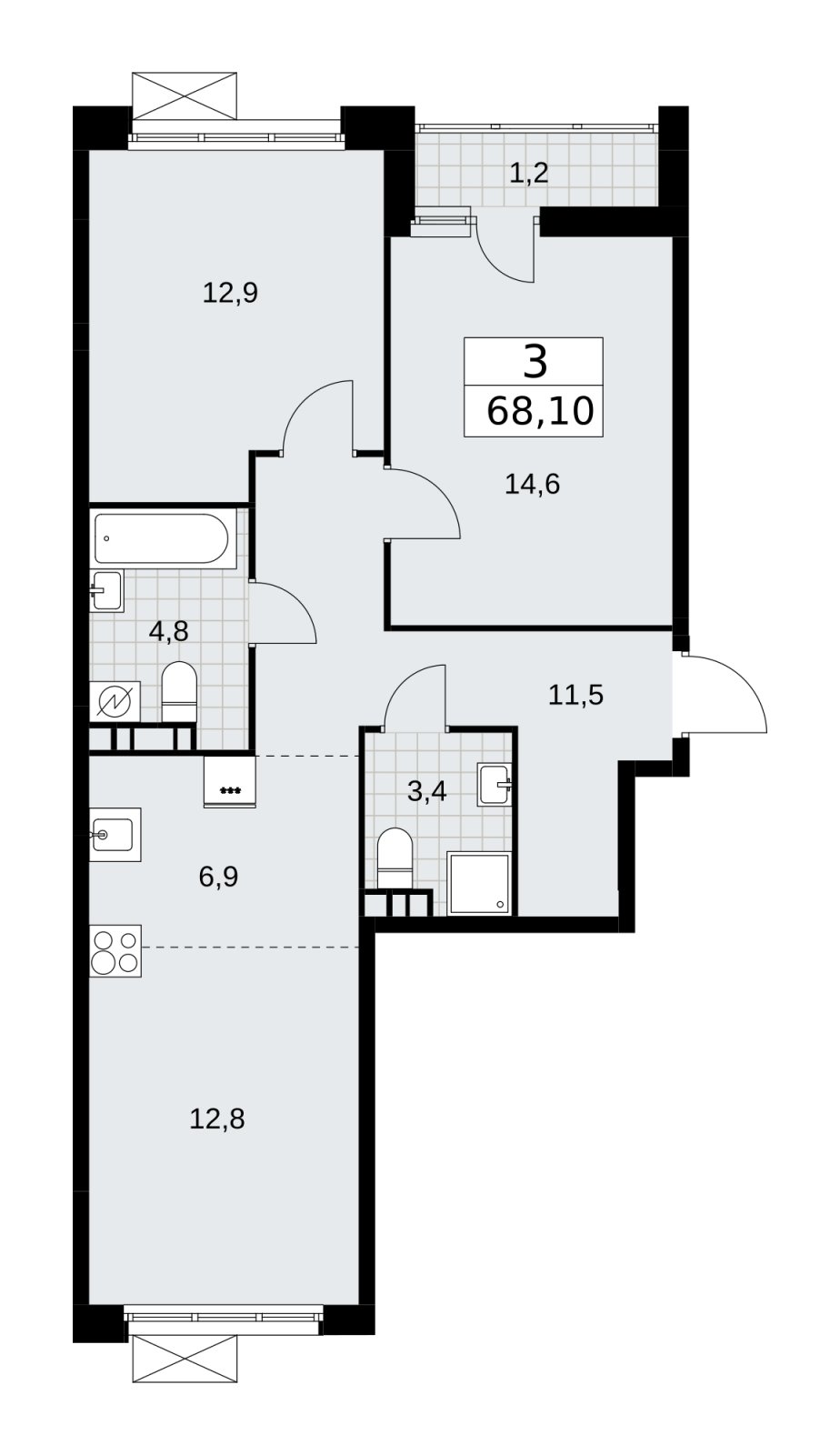 3-комнатная квартира (евро) с частичной отделкой, 68.1 м2, 5 этаж, сдача 4 квартал 2025 г., ЖК Скандинавия, корпус 28.4 - объявление 2202765 - фото №1