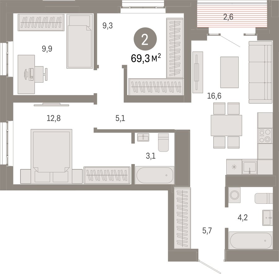 3-комнатная квартира с частичной отделкой, 69.3 м2, 18 этаж, сдача 3 квартал 2026 г., ЖК Квартал Метроном, корпус 1 - объявление 2300588 - фото №1