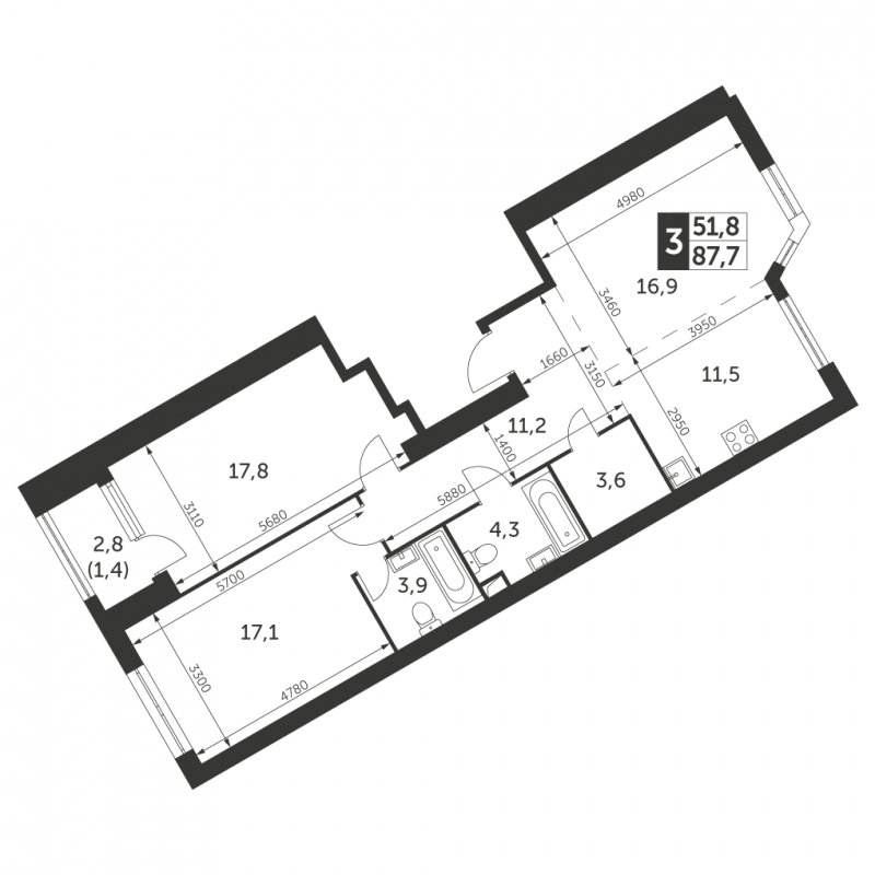 3-комнатная квартира с частичной отделкой, 87.7 м2, 23 этаж, сдача 4 квартал 2023 г., ЖК Архитектор, корпус 3 - объявление 1566097 - фото №1