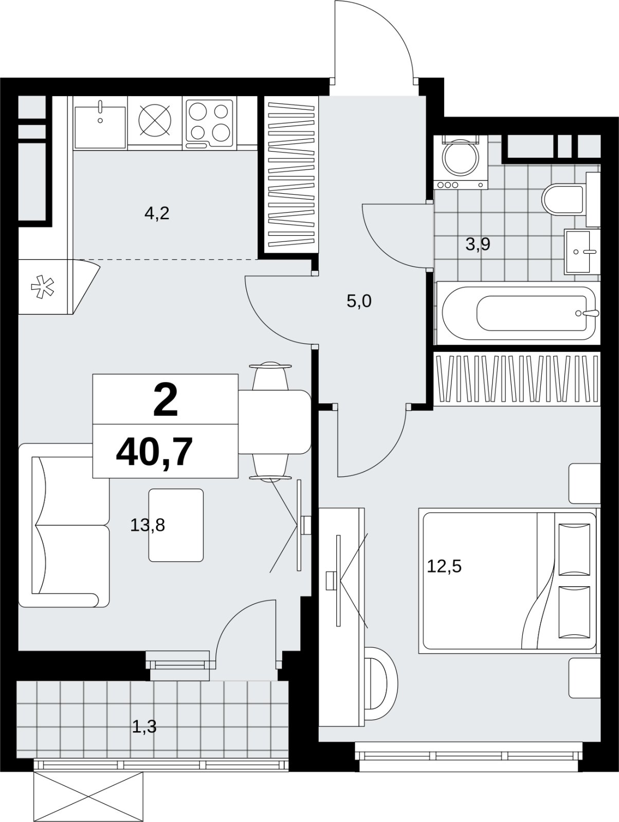 2-комнатная квартира (евро) без отделки, 40.7 м2, 13 этаж, сдача 4 квартал 2026 г., ЖК Скандинавия, корпус 2.18.2.4 - объявление 2351579 - фото №1