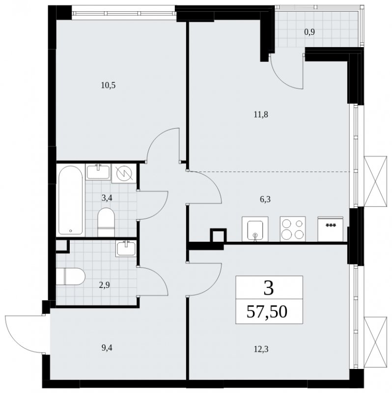 3-комнатная квартира (евро) без отделки, 57.5 м2, 2 этаж, сдача 4 квартал 2024 г., ЖК Скандинавия, корпус 35.2.2 - объявление 1841117 - фото №1