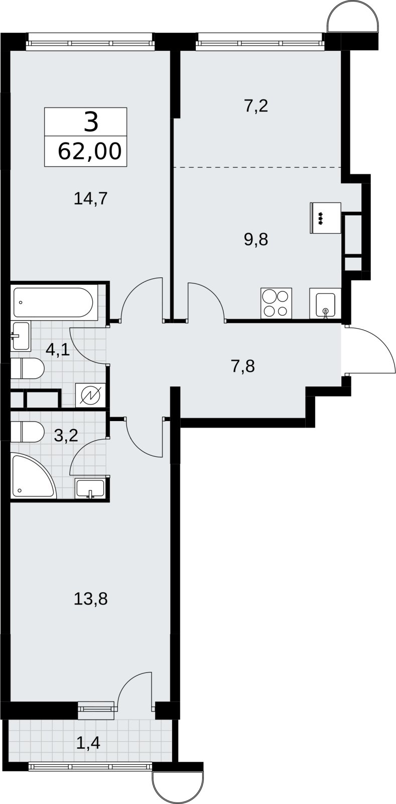 3-комнатная квартира (евро) без отделки, 62 м2, 7 этаж, сдача 3 квартал 2026 г., ЖК Родные кварталы, корпус 3.1 - объявление 2378204 - фото №1