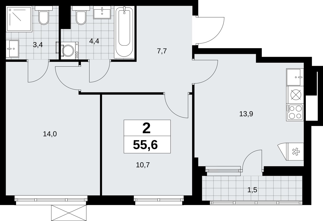 2-комнатная квартира с полной отделкой, 55.6 м2, 3 этаж, сдача 3 квартал 2026 г., ЖК Дзен-кварталы, корпус 6.1.3 - объявление 2327959 - фото №1