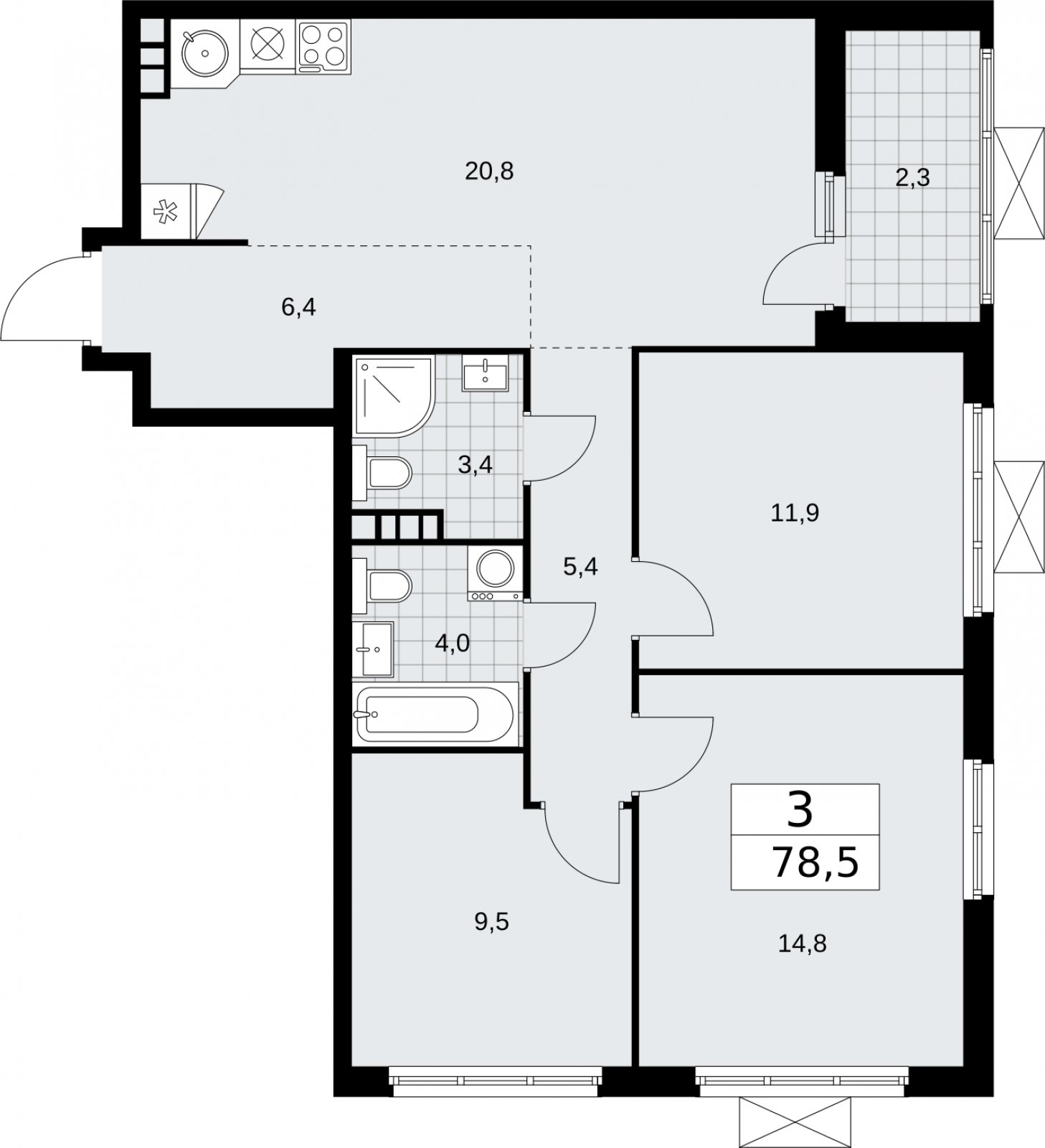 3-комнатная квартира без отделки, 78.5 м2, 8 этаж, сдача 2 квартал 2026 г., ЖК Бунинские кварталы, корпус 5.3 - объявление 2297554 - фото №1