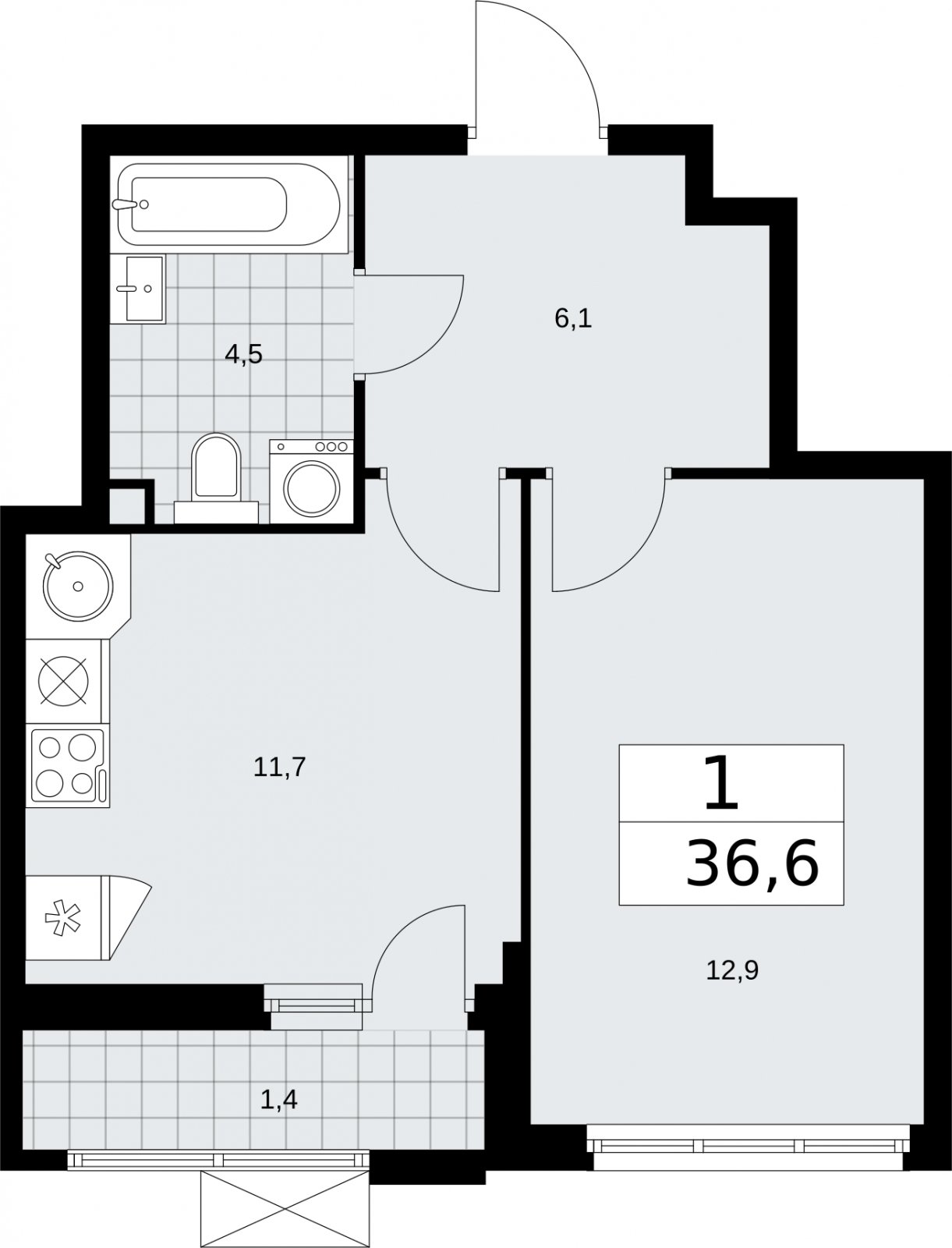 1-комнатная квартира с частичной отделкой, 36.6 м2, 2 этаж, сдача 2 квартал 2026 г., ЖК Бунинские кварталы, корпус 5.1 - объявление 2297244 - фото №1