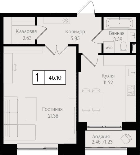 1-комнатная квартира без отделки, 46.1 м2, 2 этаж, сдача 3 квартал 2025 г., ЖК Преображенская площадь, корпус 3 - объявление 2343957 - фото №1