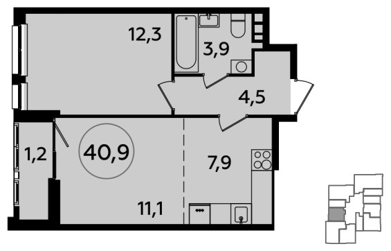 2-комнатная квартира (евро) без отделки, 40.9 м2, 12 этаж, сдача 1 квартал 2024 г., ЖК Южные сады, корпус 1.2 - объявление 1512149 - фото №1