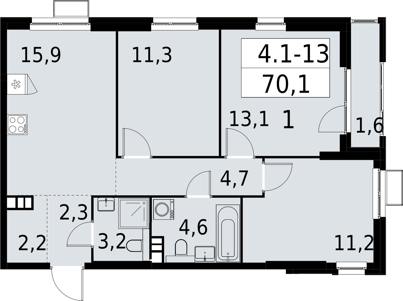 3-комнатная квартира с полной отделкой, 70.1 м2, 4 этаж, сдача 2 квартал 2027 г., ЖК Южные сады, корпус 4.1.1 - объявление 2392554 - фото №1