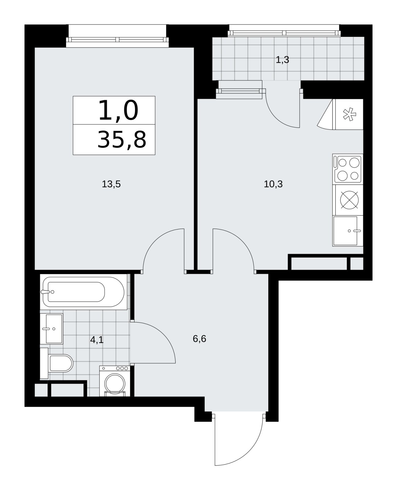 1-комнатная квартира с частичной отделкой, 35.8 м2, 10 этаж, сдача 2 квартал 2026 г., ЖК Дзен-кварталы, корпус 3.6 - объявление 2242676 - фото №1